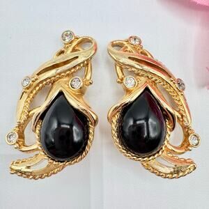 Vintage Barrera For Avon Granada Clip On Earrings Black Lucite Gold Tone Opulent
